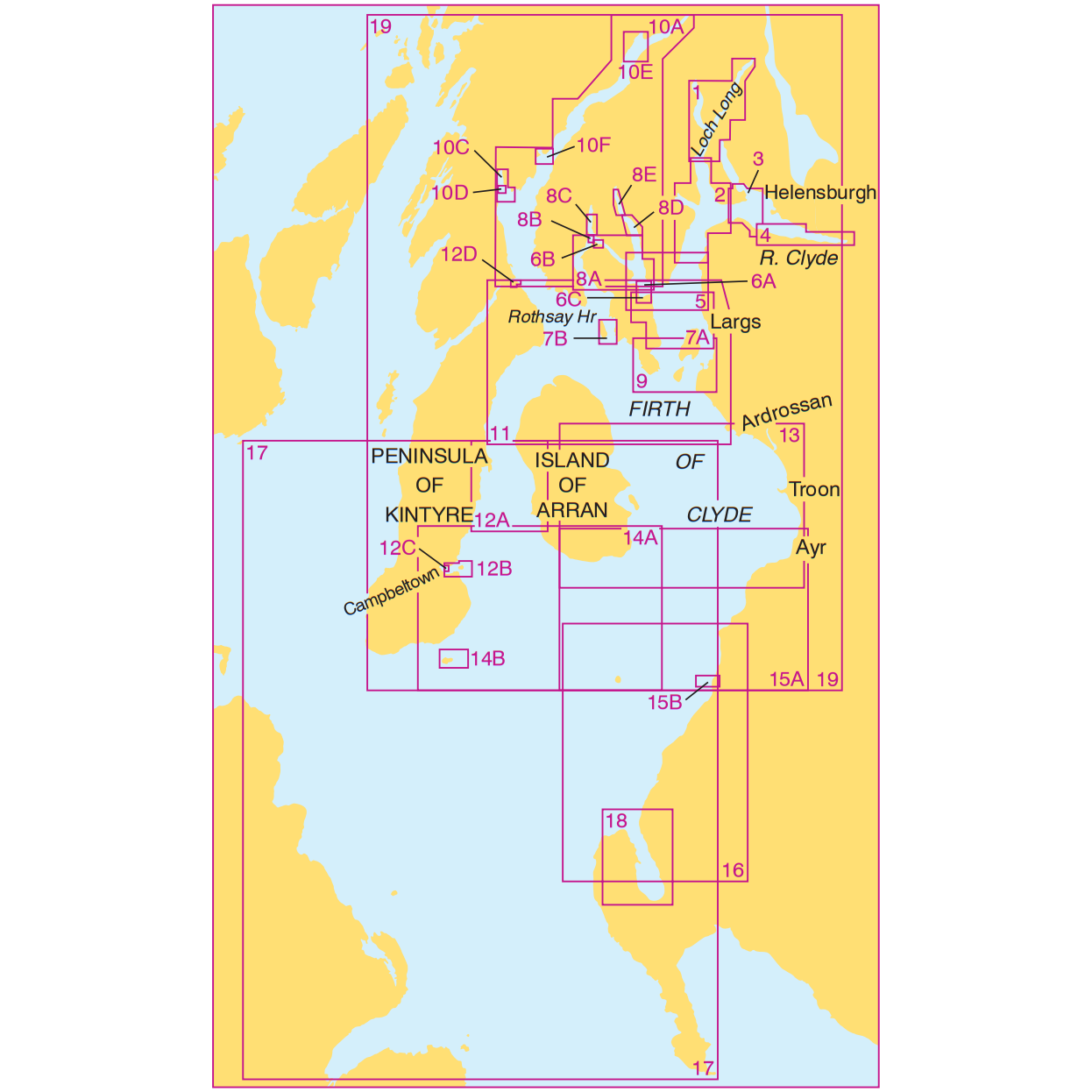Map of Ayrshire and western Scotland, showing grid references. Highlights include Rothesay, Helensburgh, Largs, Troon, Ardrossan, Ayr, and Campbeltown. Areas like the Island of Arran are marked.
