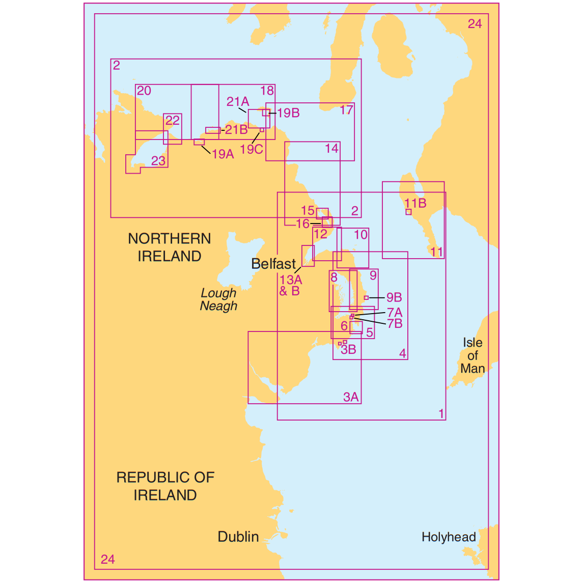 Map showing the Belfast area with grid sections labeled 1 to 24, including Northern Ireland and parts of the Republic of Ireland, Lough Neagh, Isle of Man, Dublin, and Holyhead.