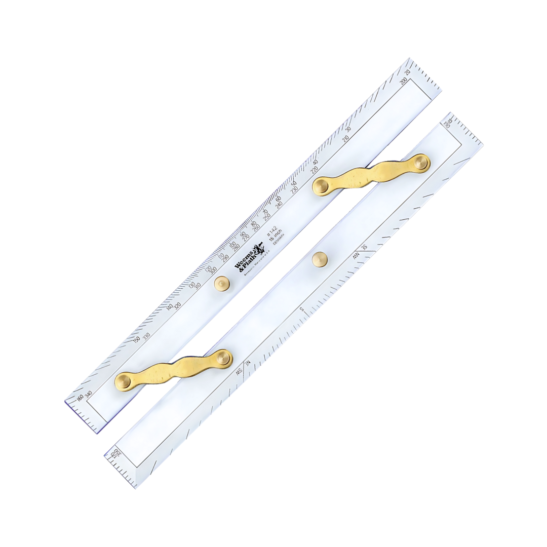 A clear plastic parallel rule with metal arms and knobs used for drawing parallel lines. The rule features measurement markings along its edges.