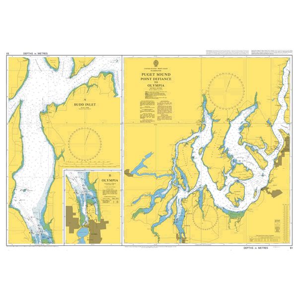 Product image of Admiralty Chart 51 | Puget Sound Point Defiance to Olympia, featuring navigational markings, depth soundings, and coastal features, essential for safe marine navigation. It could be displayed as an art piece or used for navigation on a boat or ship.