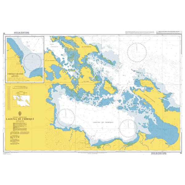 Product image of Admiralty Chart 55 | Laguna de Chiriqui, featuring navigational markings, depth soundings, and coastal features, essential for safe marine navigation. It could be displayed as an art piece or used for navigation on a boat or ship.