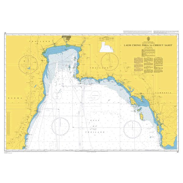 Product image of Admiralty Chart 67 | Laem Chong Phra to Chrouy Samit, featuring navigational markings, depth soundings, and coastal features, essential for safe marine navigation. It could be displayed as an art piece or used for navigation on a boat or ship.
