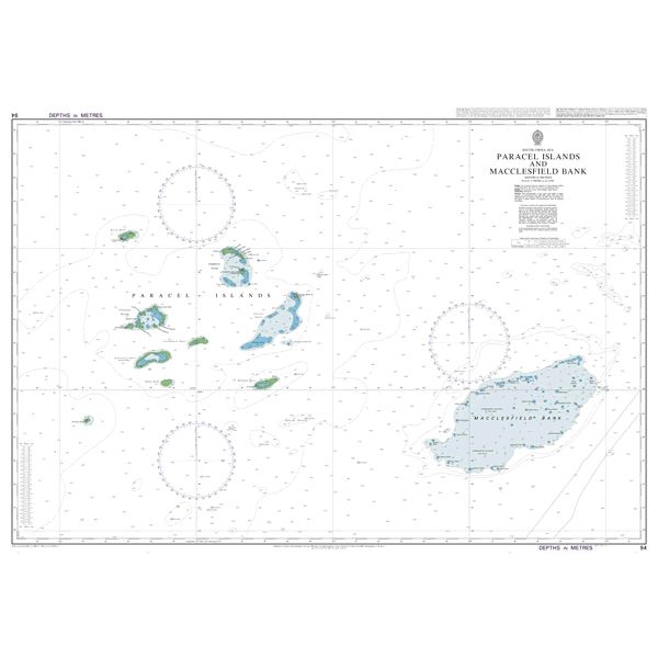 Product image of Admiralty Chart 94 | Paracel Islands and Macclesfield Bank, featuring navigational markings, depth soundings, and coastal features, essential for safe marine navigation. It could be displayed as an art piece or used for navigation on a boat or ship.
