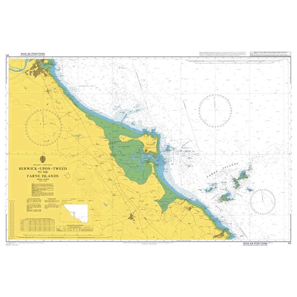 Product image of Admiralty Chart 111 | Berwick-upon-Tweed to the Farne Islands, featuring navigational markings, depth soundings, and coastal features, essential for safe marine navigation. It could be displayed as an art piece or used for navigation on a boat or ship.