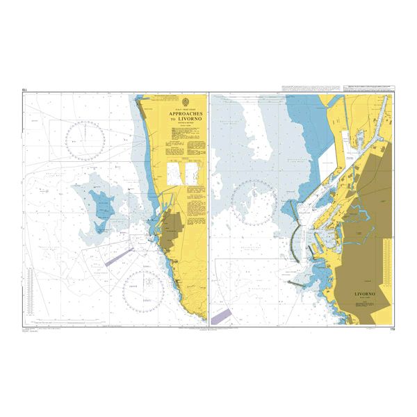 Product image of Admiralty Chart 119 | Approaches to Livorno, featuring navigational markings, depth soundings, and coastal features, essential for safe marine navigation. It could be displayed as an art piece or used for navigation on a boat or ship.