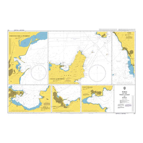 Product image of Admiralty Chart 131 | Ports on the West Coast of Italy, featuring navigational markings, depth soundings, and coastal features, essential for safe marine navigation. It could be displayed as an art piece or used for navigation on a boat or ship.