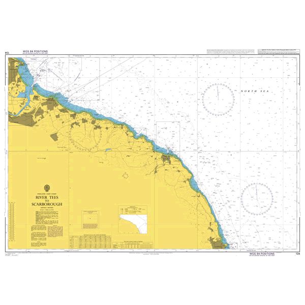 Product image of Admiralty Chart 134 | River Tees to Scarborough, featuring navigational markings, depth soundings, and coastal features, essential for safe marine navigation. It could be displayed as an art piece or used for navigation on a boat or ship.