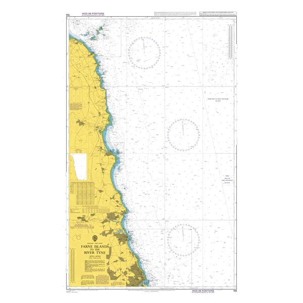 Product image of Admiralty Chart 156 | Farne Islands to the River Tyne, featuring navigational markings, depth soundings, and coastal features, essential for safe marine navigation. It could be displayed as an art piece or used for navigation on a boat or ship.