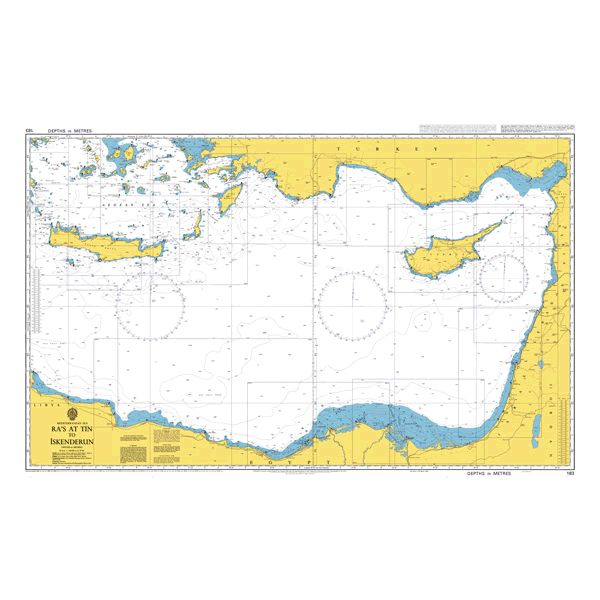 Product image of Admiralty Chart 183 | Ra's at Tin to Iskenderun, featuring navigational markings, depth soundings, and coastal features, essential for safe marine navigation. It could be displayed as an art piece or used for navigation on a boat or ship.