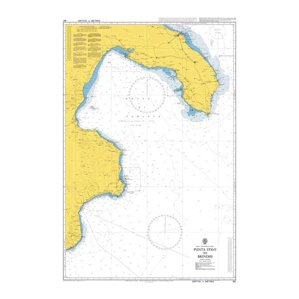 Product image of Admiralty Chart 187 | Punta Stilo to Brindisi, featuring navigational markings, depth soundings, and coastal features, essential for safe marine navigation. It could be displayed as an art piece or used for navigation on a boat or ship.