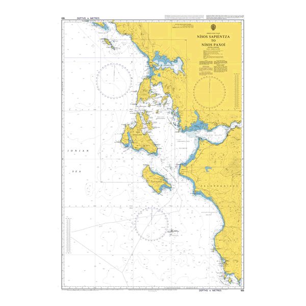 Product image of Admiralty Chart 189 | Nisida Sapientza to Nisos Paxoi, featuring navigational markings, depth soundings, and coastal features, essential for safe marine navigation. It could be displayed as an art piece or used for navigation on a boat or ship.
