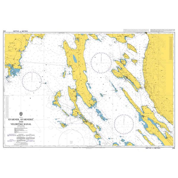 Product image of Admiralty Chart 202 | Kvarner, Kvarneric and Velebitski Kanal, featuring navigational markings, depth soundings, and coastal features, essential for safe marine navigation. It could be displayed as an art piece or used for navigation on a boat or ship.