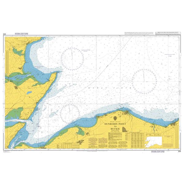 Product image of Admiralty Chart 223 | Dunrobin Point to Buckie, featuring navigational markings, depth soundings, and coastal features, essential for safe marine navigation. It could be displayed as an art piece or used for navigation on a boat or ship.