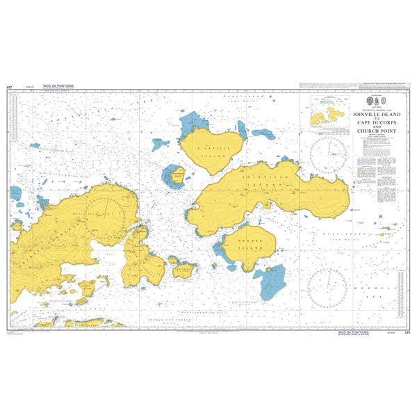 Product image of Admiralty Chart 225 | Joinville Island to Cape Ducorps and Church Point, featuring navigational markings, depth soundings, and coastal features, essential for safe marine navigation. It could be displayed as an art piece or used for navigation on a boat or ship.