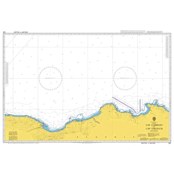 Product image of Admiralty Chart 252 | Cap Corbelin to Cap Takouch, featuring navigational markings, depth soundings, and coastal features, essential for safe marine navigation. It could be displayed as an art piece or used for navigation on a boat or ship.