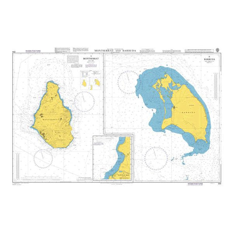 Product image of Admiralty Chart 254 | Montserrat and Barbuda, featuring navigational markings, depth soundings, and coastal features, essential for safe marine navigation. It could be displayed as an art piece or used for navigation on a boat or ship.