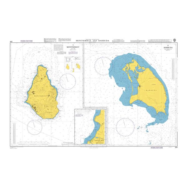 Product image of Admiralty Chart 254 | Montserrat and Barbuda, featuring navigational markings, depth soundings, and coastal features, essential for safe marine navigation. It could be displayed as an art piece or used for navigation on a boat or ship.