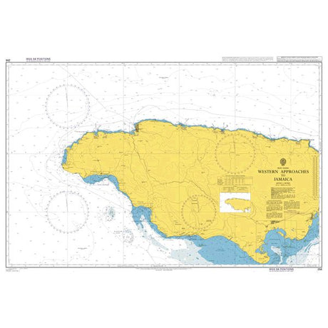 Product image of Admiralty Chart 256 | Western Approaches to Jamaica, featuring navigational markings, depth soundings, and coastal features, essential for safe marine navigation. It could be displayed as an art piece or used for navigation on a boat or ship.