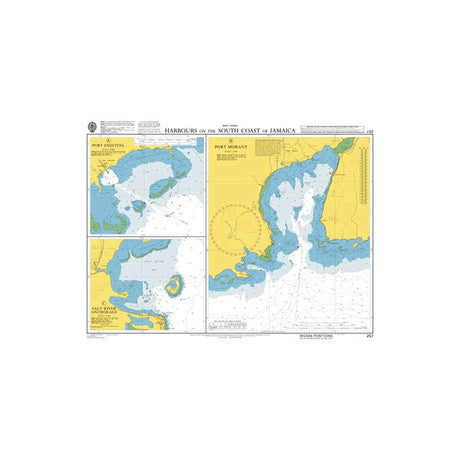 Product image of Admiralty Chart 257 | Harbours on the South Coast of Jamaica, featuring navigational markings, depth soundings, and coastal features, essential for safe marine navigation. It could be displayed as an art piece or used for navigation on a boat or ship.