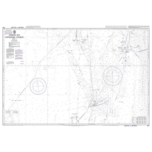 Product image of Admiralty Chart 294 | North Sea Offshore Charts Sheet 2, featuring navigational markings, depth soundings, and coastal features, essential for safe marine navigation. It could be displayed as an art piece or used for navigation on a boat or ship.
