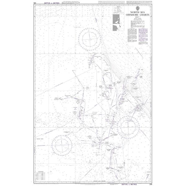 Product image of Admiralty Chart 295 | North Sea Offshore Charts Sheet 1, featuring navigational markings, depth soundings, and coastal features, essential for safe marine navigation. It could be displayed as an art piece or used for navigation on a boat or ship.