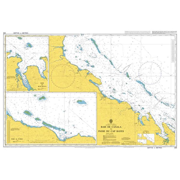 Product image of Admiralty Chart 339 | Baie de Canala to Passe du Cap Bayes, featuring navigational markings, depth soundings, and coastal features, essential for safe marine navigation. It could be displayed as an art piece or used for navigation on a boat or ship.