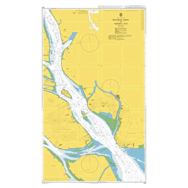 Product image of Admiralty Chart 344 | Shanban Zhou to Nizhou Tou, featuring navigational markings, depth soundings, and coastal features, essential for safe marine navigation. It could be displayed as an art piece or used for navigation on a boat or ship.