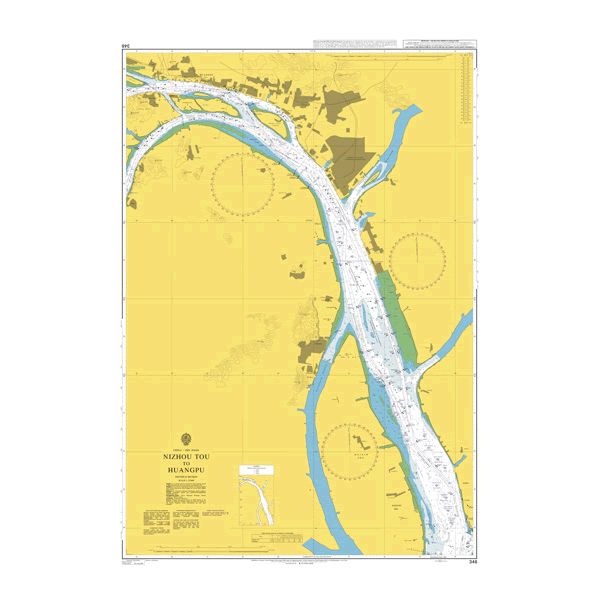 Product image of Admiralty Chart 346 | Nizhou Tou to Huangpu, featuring navigational markings, depth soundings, and coastal features, essential for safe marine navigation. It could be displayed as an art piece or used for navigation on a boat or ship.