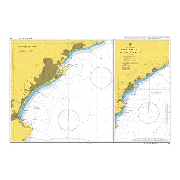 Product image of Admiralty Chart 350 | Approaches to Savona and Vado, featuring navigational markings, depth soundings, and coastal features, essential for safe marine navigation. It could be displayed as an art piece or used for navigation on a boat or ship.