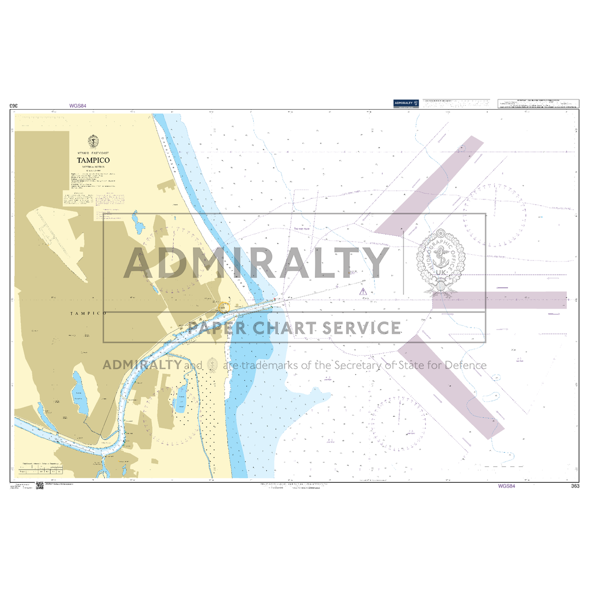 Product image of Admiralty Chart 363 | Tampico, featuring navigational markings, depth soundings, and coastal features, essential for safe marine navigation. It could be displayed as an art piece or used for navigation on a boat or ship.