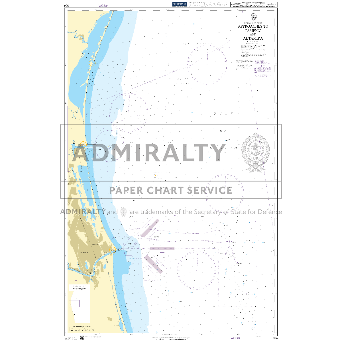 Product image of Admiralty Chart 364 | Approaches to Tampico and Altamira, featuring navigational markings, depth soundings, and coastal features, essential for safe marine navigation. It could be displayed as an art piece or used for navigation on a boat or ship.