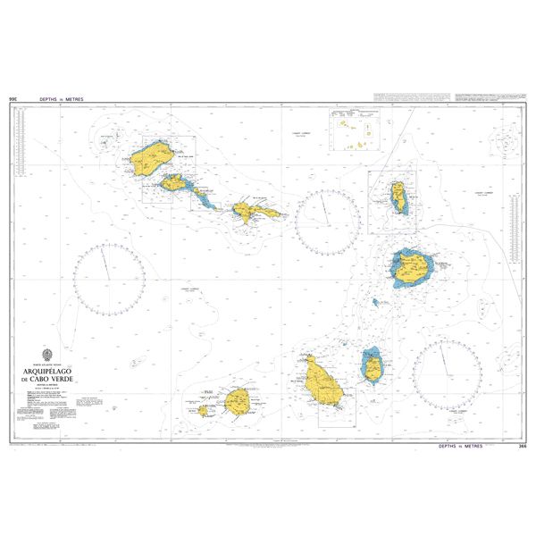 Product image of Admiralty Chart 366 | Arquipelago De Cabo Verde, featuring navigational markings, depth soundings, and coastal features, essential for safe marine navigation. It could be displayed as an art piece or used for navigation on a boat or ship.