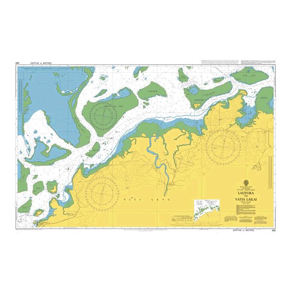 Product image of Admiralty Chart 389 | Lautoka to Vatia Sewa, featuring navigational markings, depth soundings, and coastal features, essential for safe marine navigation. It could be displayed as an art piece or used for navigation on a boat or ship.