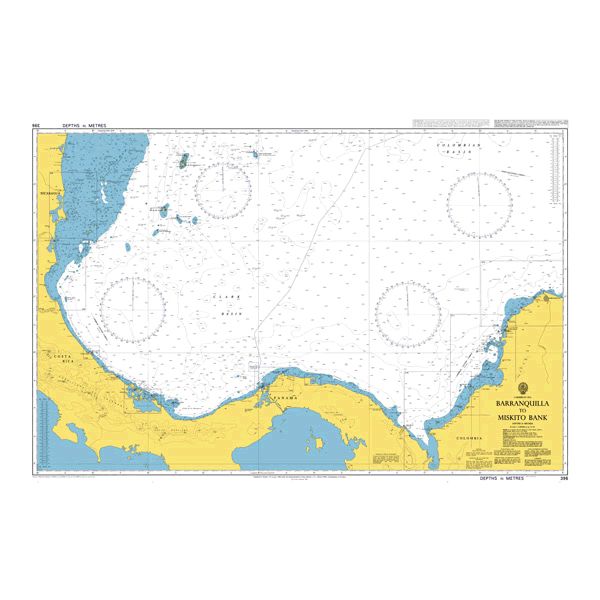 Product image of Admiralty Chart 396 | Barranquilla to Miskito Bank, featuring navigational markings, depth soundings, and coastal features, essential for safe marine navigation. It could be displayed as an art piece or used for navigation on a boat or ship.