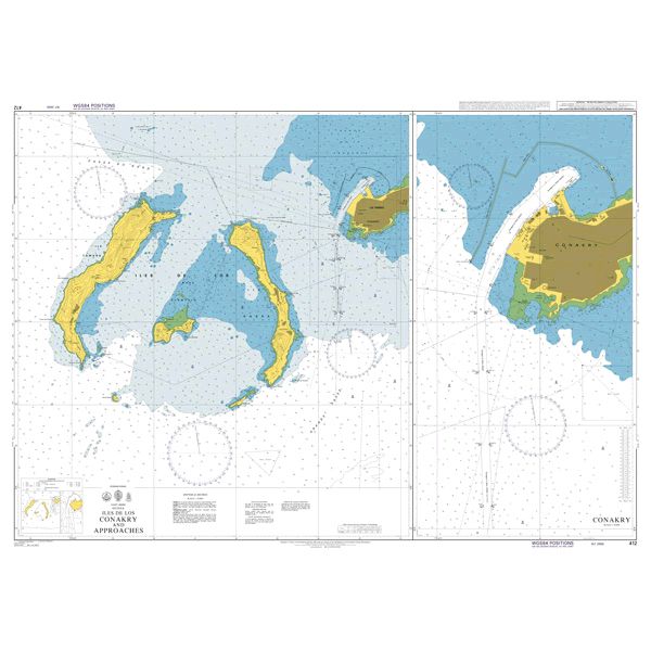 Product image of Admiralty Chart 412 | Conakry and Approaches, featuring navigational markings, depth soundings, and coastal features, essential for safe marine navigation. It could be displayed as an art piece or used for navigation on a boat or ship.