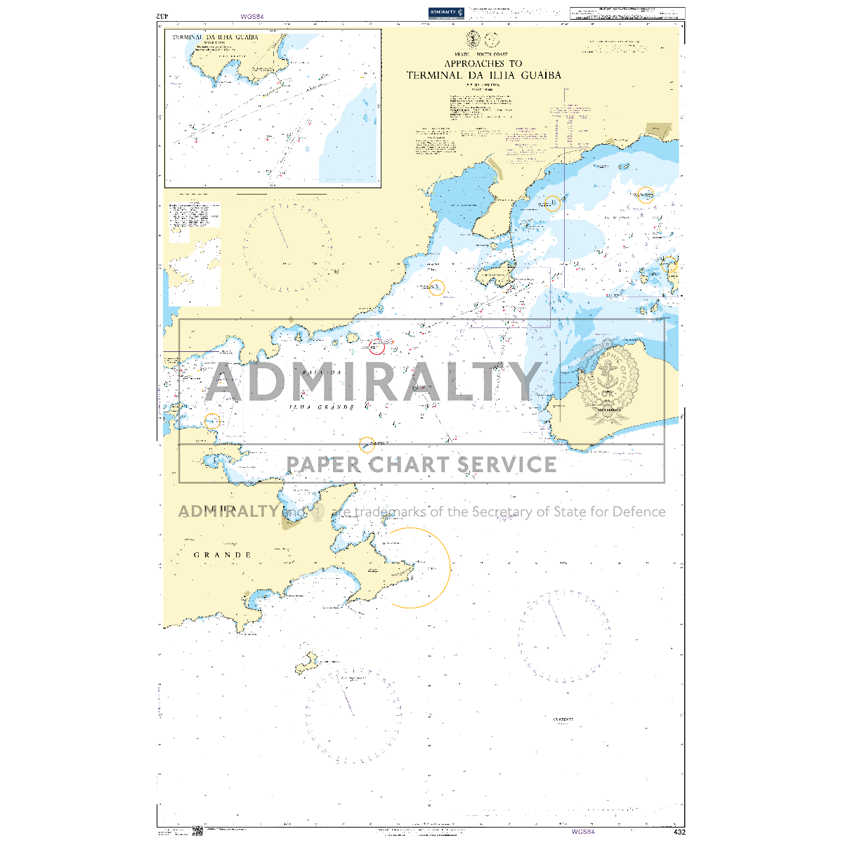 Product image of Admiralty Chart 432 | Approaches to Terminal da Ilha Guaiba, featuring navigational markings, depth soundings, and coastal features, essential for safe marine navigation. It could be displayed as an art piece or used for navigation on a boat or ship.