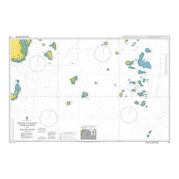 Product image of Admiralty Chart 441 | South Eastern Approaches to Fiji Islands, featuring navigational markings, depth soundings, and coastal features, essential for safe marine navigation. It could be displayed as an art piece or used for navigation on a boat or ship.