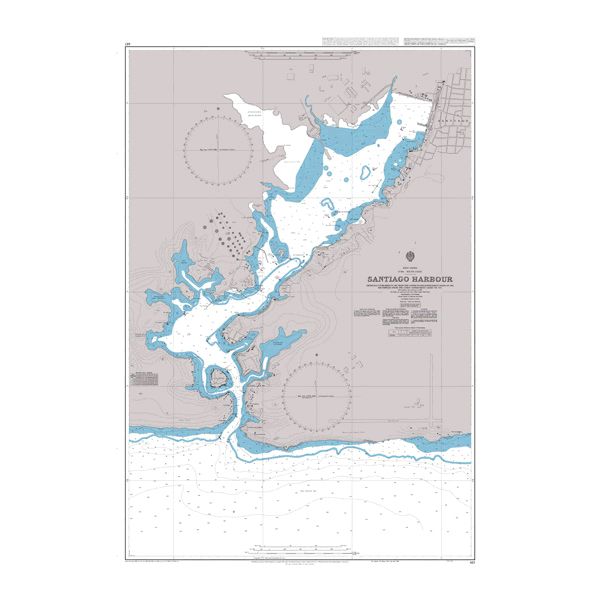 Product image of Admiralty Chart 443 | Bahia de Santiago de Cuba, featuring navigational markings, depth soundings, and coastal features, essential for safe marine navigation. It could be displayed as an art piece or used for navigation on a boat or ship.