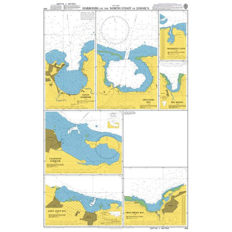 Product image of Admiralty Chart 459 | Harbours on the North Coast of Jamaica, featuring navigational markings, depth soundings, and coastal features, essential for safe marine navigation. It could be displayed as an art piece or used for navigation on a boat or ship.
