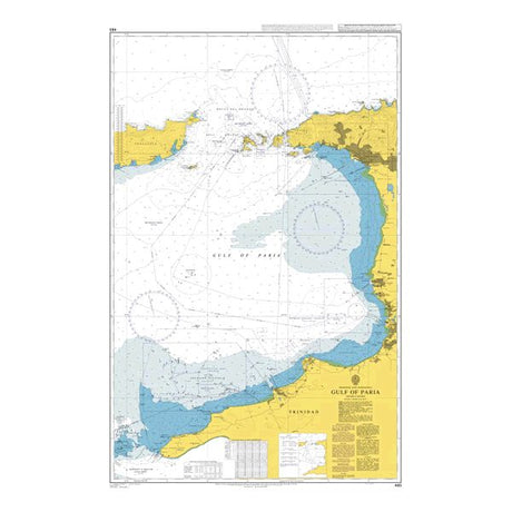 Product image of Admiralty Chart 483 | Gulf of Paria, featuring navigational markings, depth soundings, and coastal features, essential for safe marine navigation. It could be displayed as an art piece or used for navigation on a boat or ship.
