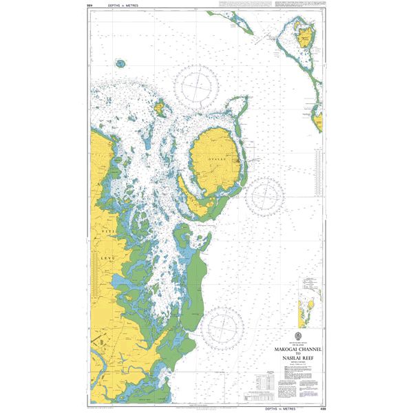 Product image of Admiralty Chart 488 | Makogai Channel to Nasilai Reef, featuring navigational markings, depth soundings, and coastal features, essential for safe marine navigation. It could be displayed as an art piece or used for navigation on a boat or ship.