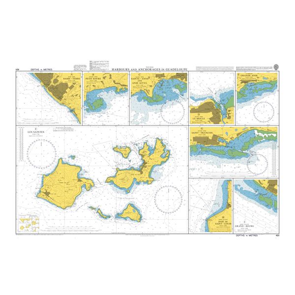Product image of Admiralty Chart 491 | Harbours and Anchorages in Guadeloupe, featuring navigational markings, depth soundings, and coastal features, essential for safe marine navigation. It could be displayed as an art piece or used for navigation on a boat or ship.