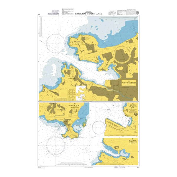 Product image of Admiralty Chart 499 | Harbours in Saint Lucia, featuring navigational markings, depth soundings, and coastal features, essential for safe marine navigation. It could be displayed as an art piece or used for navigation on a boat or ship.