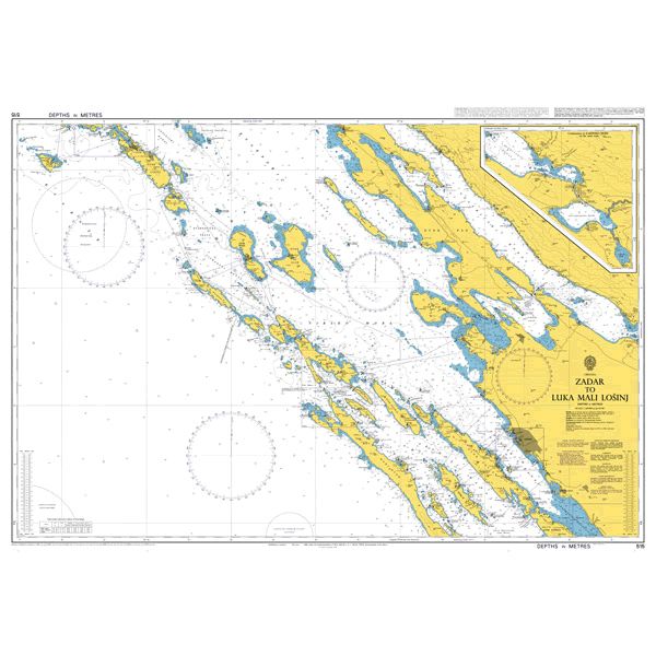 Product image of Admiralty Chart 515 | Zadar to Luka Mali Losinj, featuring navigational markings, depth soundings, and coastal features, essential for safe marine navigation. It could be displayed as an art piece or used for navigation on a boat or ship.