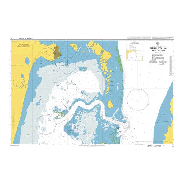 Product image of Admiralty Chart 522 | Belize City and Approaches, featuring navigational markings, depth soundings, and coastal features, essential for safe marine navigation. It could be displayed as an art piece or used for navigation on a boat or ship.