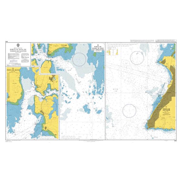 Product image of Admiralty Chart 545 | Ports in Baia de Todos os Santos, featuring navigational markings, depth soundings, and coastal features, essential for safe marine navigation. It could be displayed as an art piece or used for navigation on a boat or ship.