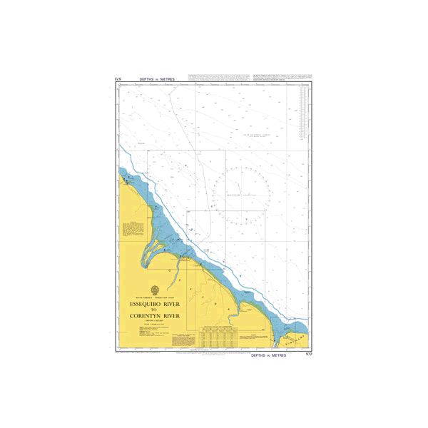 Product image of Admiralty Chart 572 | Essequibo River to Corentyn River, featuring navigational markings, depth soundings, and coastal features, essential for safe marine navigation. It could be displayed as an art piece or used for navigation on a boat or ship.
