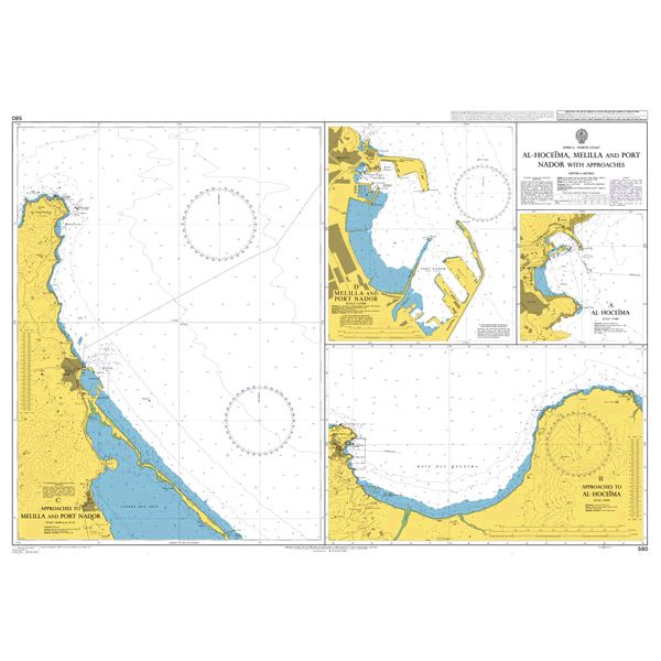 Product image of Admiralty Chart 580 | Al Hoceima, Melilla and Port Nador with Approaches, featuring navigational markings, depth soundings, and coastal features, essential for safe marine navigation. It could be displayed as an art piece or used for navigation on a boat or ship.