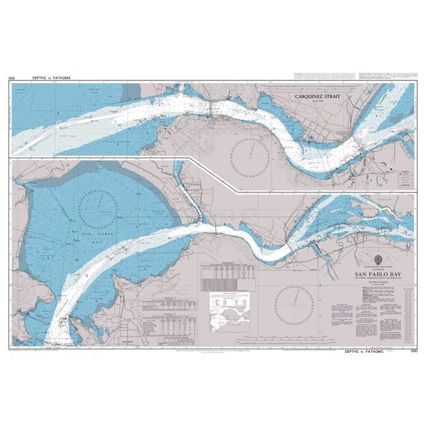 Product image of Admiralty Chart 590 | San Pablo Bay including Carquinez Strait and Suisun Bay, featuring navigational markings, depth soundings, and coastal features, essential for safe marine navigation. It could be displayed as an art piece or used for navigation on a boat or ship.