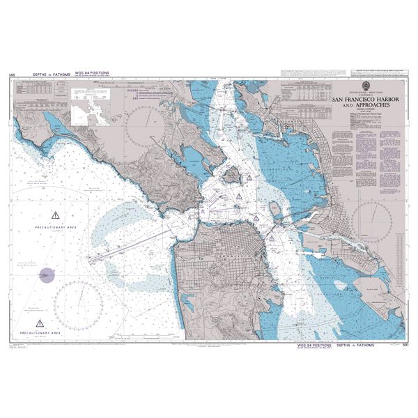 Product image of Admiralty Chart 591 | San Francisco Harbor and Approaches, featuring navigational markings, depth soundings, and coastal features, essential for safe marine navigation. It could be displayed as an art piece or used for navigation on a boat or ship.